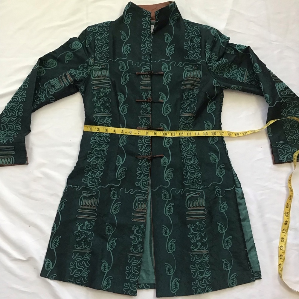 MINIYE ASIAN WOMEN ELEGANT TEAL GREEN EMBROIDERED FLORAL DESIGN SILK COAT SZ XL - Picture 8 of 10
